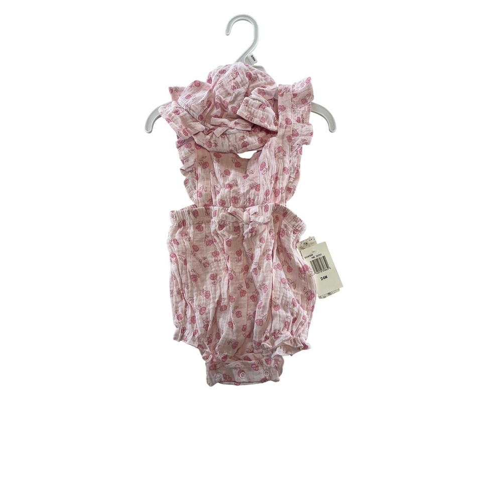 Baby Girl Romper Bodysuit Set Pink Floral Flowers Headband 24 Months NWT